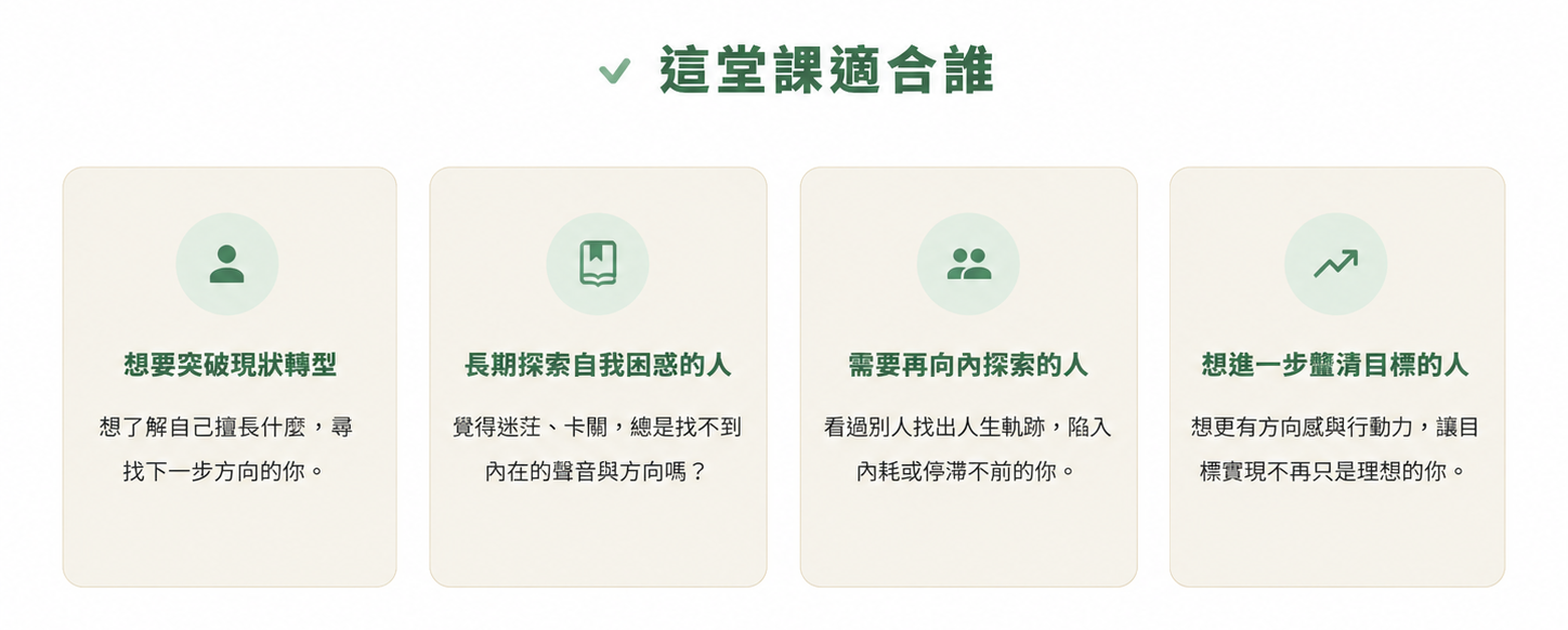 這堂課適合誰：想要突破現狀轉型、長期探索自我困惑的人、需要再向內探索的人、想進一步釐清目標的人